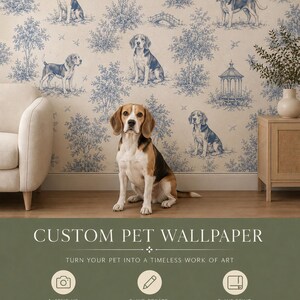 May include: A beagle sits in front of a wall covered in cream-colored wallpaper featuring a repeating blue toile pattern of beagles, trees, a bridge, and a gazebo. Below, text reads: CUSTOM PET WALLPAPER, TURN YOUR PET INTO A TIMELESS WORK OF ART.