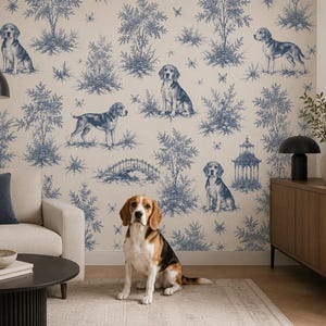 May include: Wallpaper featuring a blue and white toile pattern with illustrations of beagle dogs, trees, a bridge, and a gazebo. The design is printed on a light cream background, creating a repeating scene of nature and canine figures.