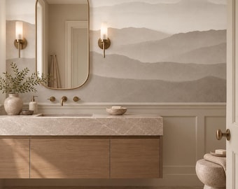 Papel pintado beige con paisaje de montaña brumosa para la pared del tocador del baño en un suave estilo Japandi neutro, autoadhesivo.
