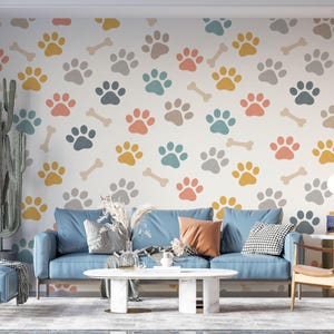 Pastel Paw Print And Bone Pattern Dog Wallpaper For Nursery And Playroom Walls
