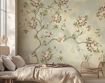 Vintage Botanical Wallpaper Branches With Bird Wallpaper On Limewash Wallpaper Background
