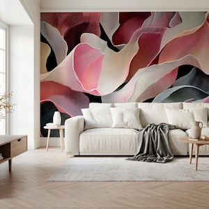 Abstract Floral Petal Wallpaper – Flowing Organic Lines in Pink, Beige and Black – Modern Elegant Wall Mural for Bedroom or Living Room