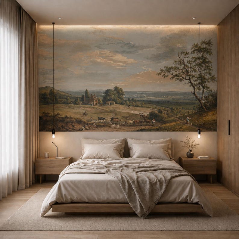Puede incluir: Un dormitorio con una cama baja de ropa de cama beige y una manta texturizada. Sobre el cabecero, un gran mural paisaj&iacute;stico muestra una escena pastoral con colinas, &aacute;rboles y ganado. Dos l&aacute;mparas colgantes cuelgan a cada lado.