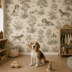 May include: A beagle dog sits on a round jute rug in a room with wallpaper featuring a dark green toile pattern of dogs, trees, and gazebos. The room includes a wooden shelving unit, a clothing rack with hanging garments, and wooden toys.