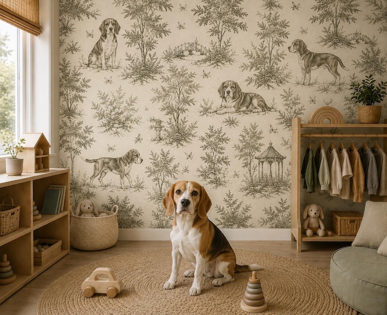 May include: A beagle dog sits on a round jute rug in a room with wallpaper featuring a dark green toile pattern of dogs, trees, and gazebos. The room includes a wooden shelving unit, a clothing rack with hanging garments, and wooden toys.