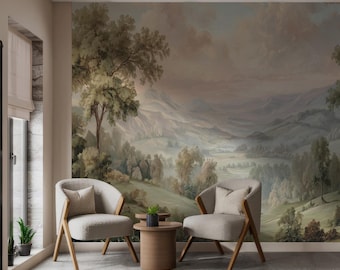 Scenic Wallpaper Landscape Mural In Beige Neutral Countryside Style For Bedroom