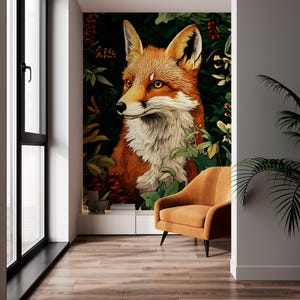Fox in the Forest Wall Mural – Woodland Animal Wallpaper – Rustic Peel and Stick or Non-Woven Mural for Nursery or Nature-Inspired Room