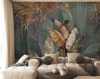 Dark Tropical Wallpaper, Moody Jungle Botanical Peel and Stick Mural