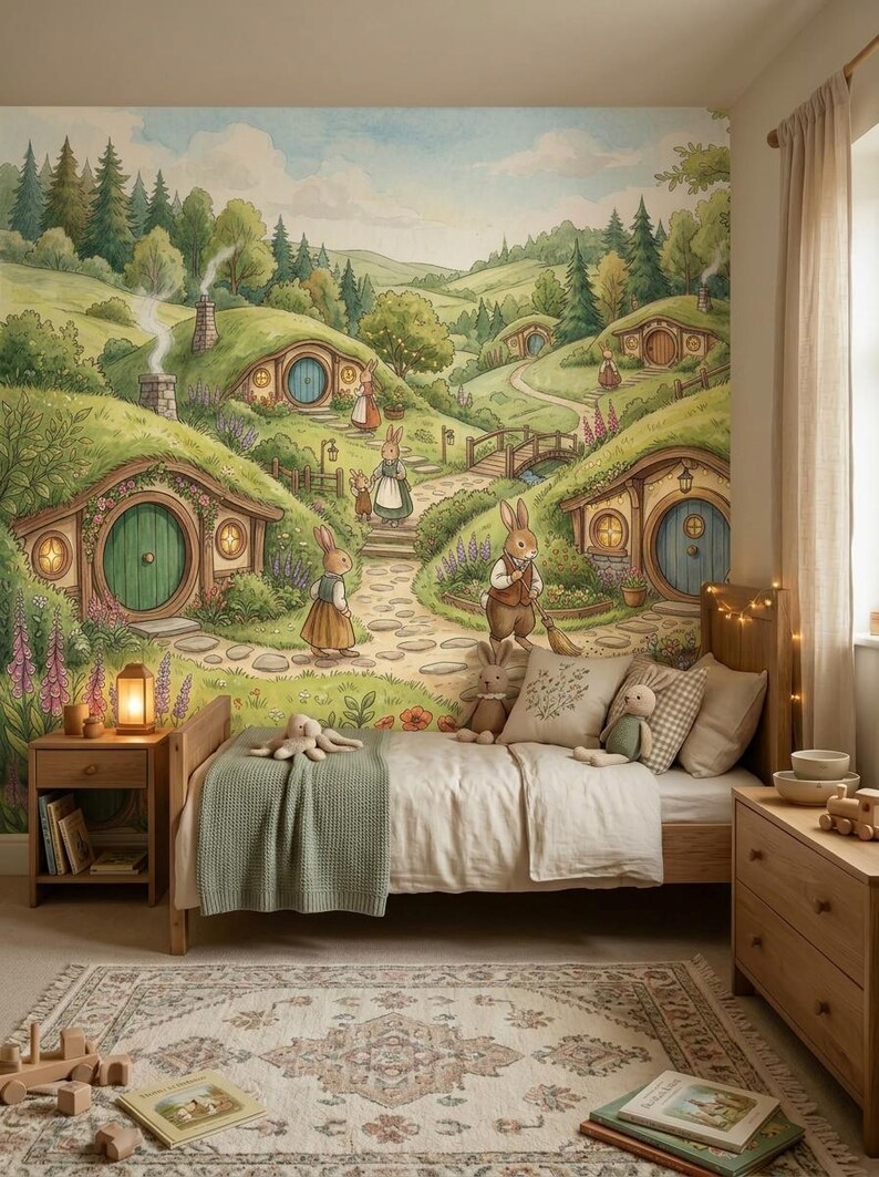 Whimsical Wallpaper With Fairytale Bunny Village and Forest Cottages ...