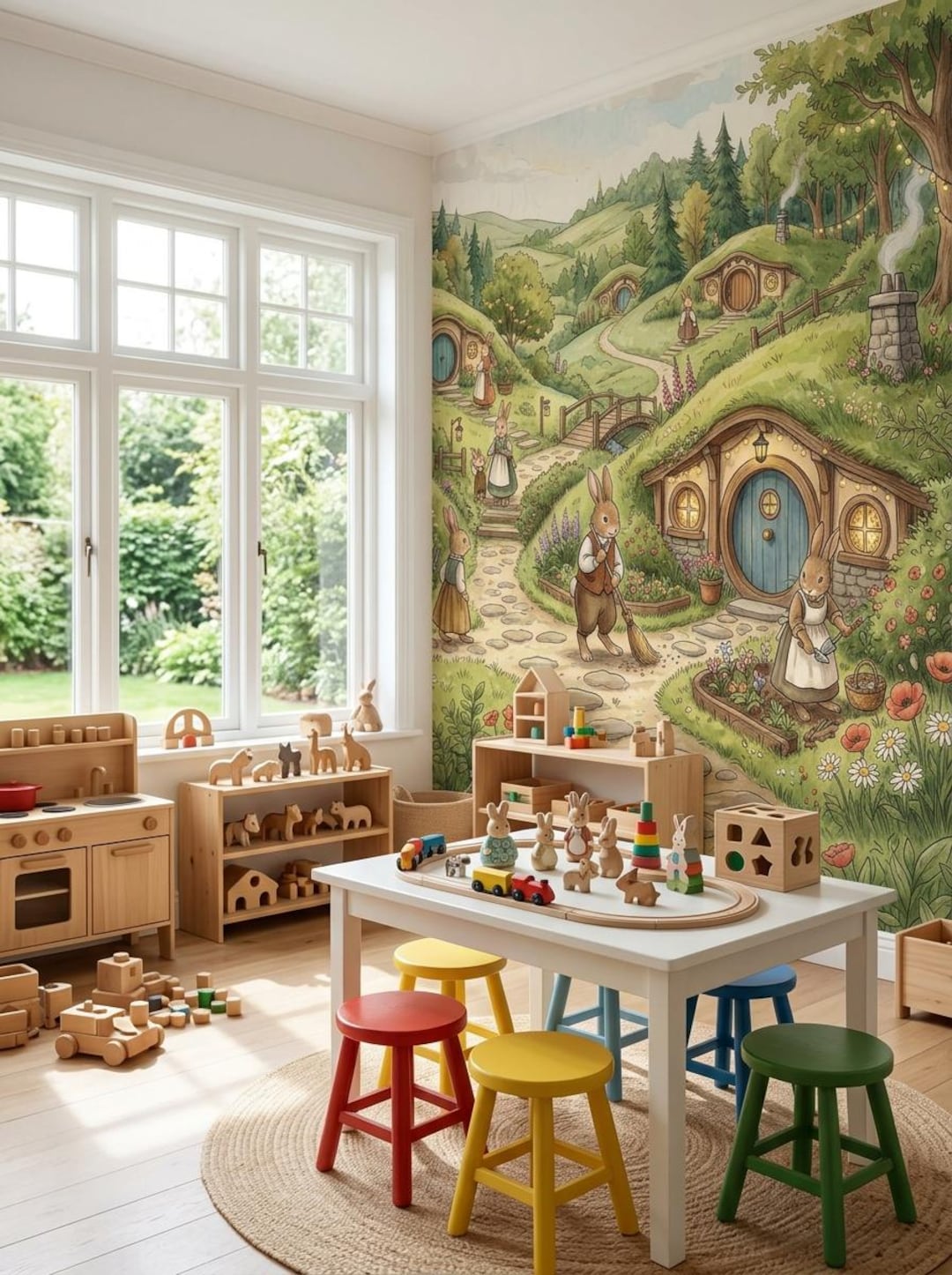 Whimsical Wallpaper With Fairytale Bunny Village and Forest Cottages ...