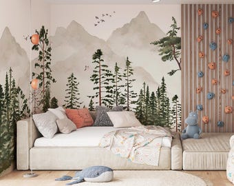 Bergväggmålning Skogsmålning Barnrumstapet med skogstapet i neutral beige stil