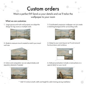 Puede incluir: Un gr&aacute;fico informativo titulado Custom orders que detalla las opciones de personalizaci&oacute;n de papel tapiz. Enumera seis servicios, incluyendo la adaptaci&oacute;n a espacios grandes, la creaci&oacute;n de fondos a juego, medidas personalizadas, ajustes de dise&ntilde;o, cambios de color y la adici&oacute;n de detalles personales.