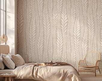 Beige Wallpaper With Leaf Pattern For Neutral Minimalist Feature Wall