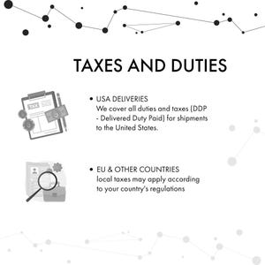 May include: An informational graphic titled TAXES AND DUTIES with black text and line art icons. It features a clipboard with a tax form and currency, and a magnifying glass over a document. It explains DDP for USA and local tax policies.