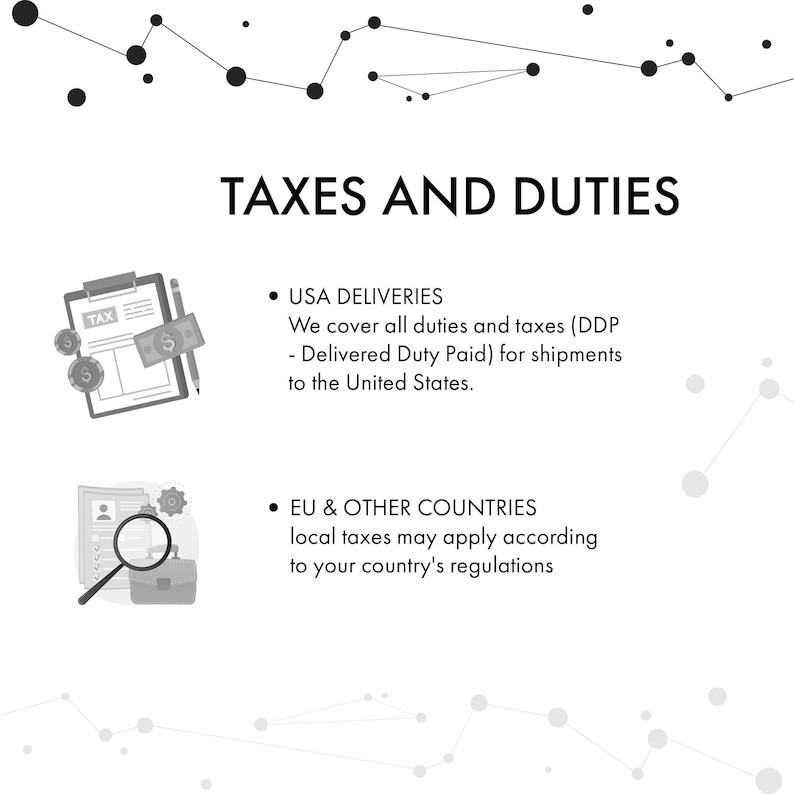 May include: An informational graphic titled TAXES AND DUTIES with black text and line art icons. It features a clipboard with a tax form and currency, and a magnifying glass over a document. It explains DDP for USA and local tax policies.