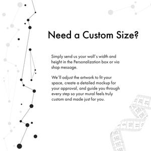 May include: A white informational graphic featuring black constellation-style dots and lines on the left. The text reads: Need a Custom Size? Simply send us your wall's width and height in the Personalization box or via shop message. A measuring tape is visible.