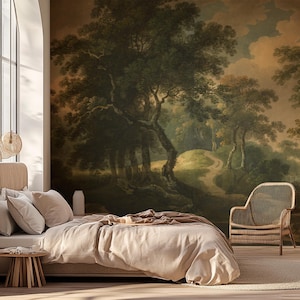 Vintage Forest Wall Mural – Woodland Landscape Wallpaper – Antique Nature Scene – Old Painting Style Mural – Tree Path Wall Art Décor
