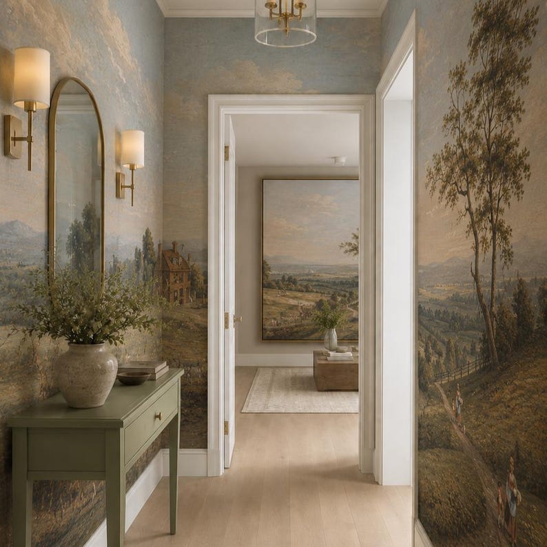 Puede incluir: Un pasillo con papel tapiz de paisaje con colinas y &aacute;rboles, una mesa consola verde salvia, un espejo alto arqueado, dos apliques de pared de lat&oacute;n y una l&aacute;mpara de techo de cristal. Una puerta conduce a una habitaci&oacute;n con un gran cuadro de paisaje.