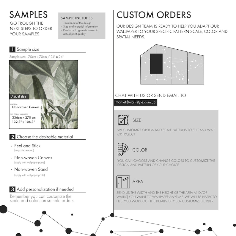 May include: An informational graphic detailing wallpaper sample and custom order processes. It features text, a botanical leaf pattern thumbnail, and icons for size, color, and area customization. Includes contact email market@wall-style.com.ua.