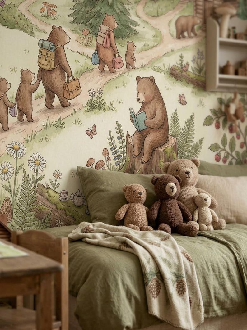Woodland Bear Wallpaper Peel and Stick for Nursery Kids Room and Forest ...