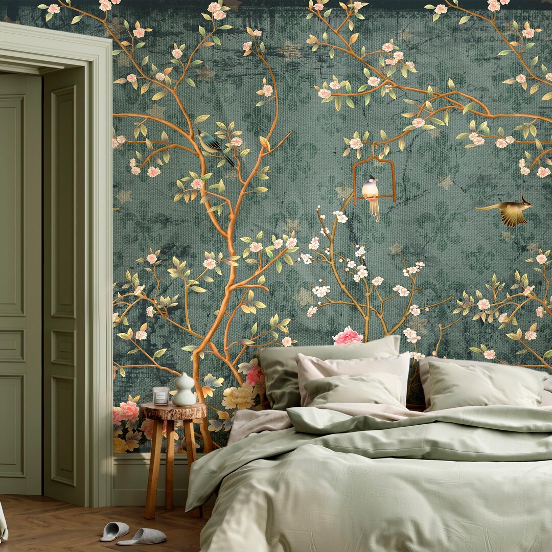 Dark Blue Chinoiserie Wallpaper Mural, Bird Wallpaper Peel and Stick ...