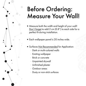 Puede incluir: Un gr&aacute;fico informativo titulado Before Ordering: Measure Your Wall! con texto negro sobre fondo blanco. Aconseja a&ntilde;adir 2 cm a cada lado, indica que cada panel de papel pintado mide 20 pulgadas de ancho y enumera superficies no recomendadas.