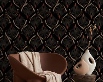 May include: A modern interior scene featuring a brown chair with a beige throw blanket, a wooden side table with vases, and a patterned wallpaper. The wallpaper has a black background with a repeating fan-like design in brown and orange.