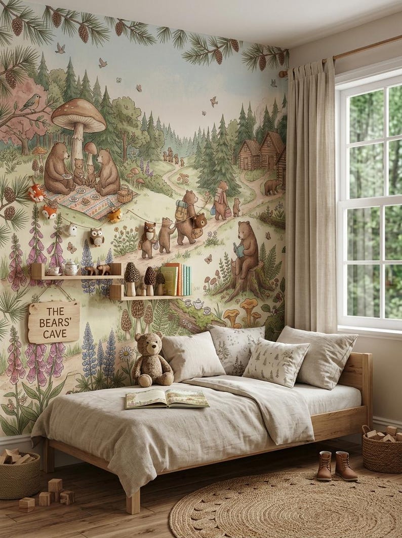 Woodland Bear Wallpaper Peel and Stick for Nursery Kids Room and Forest ...