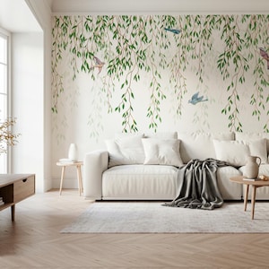 Willow Branches Wallpaper Mural – Birds and Green Leaves Wall Art – Minimalist Nature Design – Peel and Stick or Non-Woven
