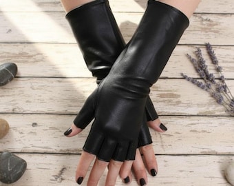 Handmade Black Leather Fingerless Gloves: Punk Gothic Arm Warmers