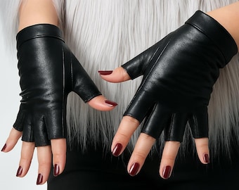 Unisex zwarte vingerloze leren handschoenen, punkrock biker rijhandschoenen, gothic cadeau voor hem