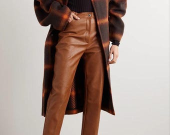 Handmade Brown Leather Pants: High Waist Cropped Trousers