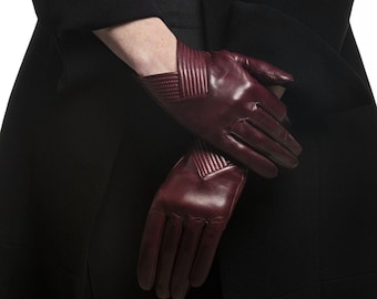Elegant Burgundy Leather Gloves – Women’s Winter Driving Gloves – Classic Lined Fashion Accessories