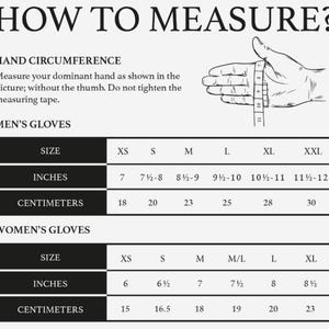 May include: A black and white chart titled "HOW TO MEASURE?" shows hand circumference instructions and glove size charts. Men's glove sizes range from XS (7 inches, 18 cm) to XXL (11 1/2-12 inches, 30 cm). Women's glove sizes range from XS (6 inches, 15 cm) to XL (8 1/2 inches, 23 cm).