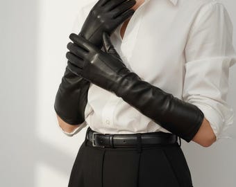 Elegant Black Leather Opera Gloves - Long Formal Gloves