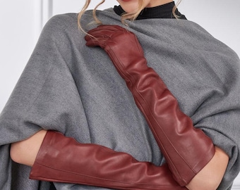 Guantes de cuero burdeos / Guantes largos de cuero genuino para mujer