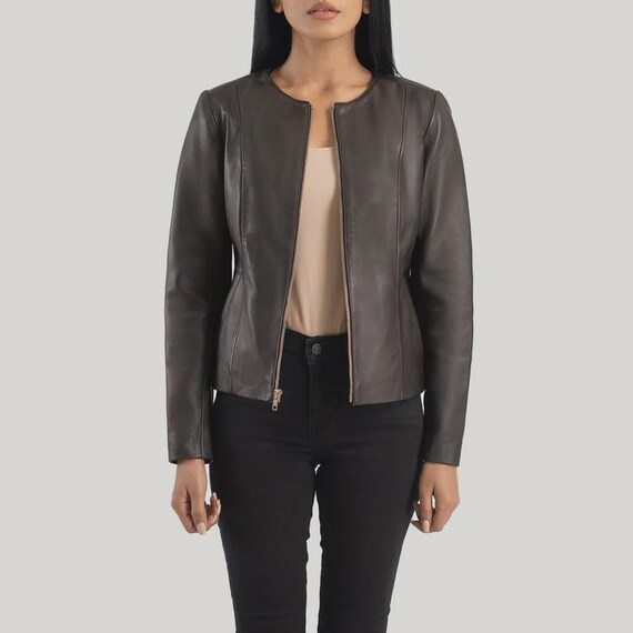 Handmade Brown Lambskin Leather Jacket – Women's Collarless Slim Fit