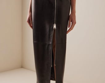 Black Leather Maxi Skirt | Two-Way Zipper, High-Waisted A-Line