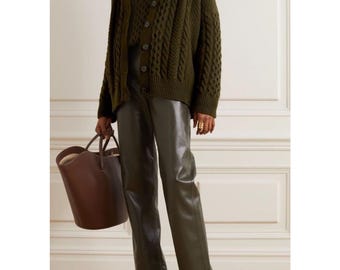 Handmade Olive Green Leather Pants: High Waist Slim Fit Trousers