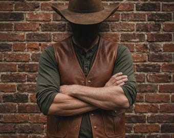 Men's Western Leather Vest, Handmade Genuine Cowhide Utility Waistcoat with Pockets, Vintage Brown Cowboy Vest, Outdoor Hunting Gift