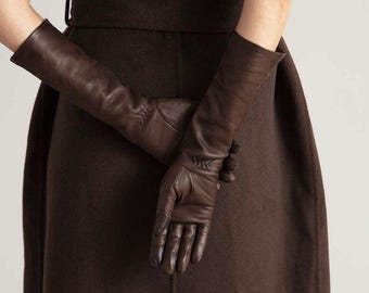 Vintage Brown Leather Opera Gloves – Long Elegant Evening Gloves for Women – Formal Winter Accessory