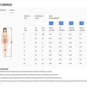 May include: A size chart for women's pants, with measurements in inches. Includes waist, hip, inseam, and height conversions for U.S., EU, and international sizes. Instructions on how to measure are also provided.