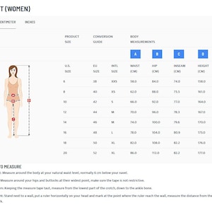 May include: A size chart for women's pants, with measurements in centimeters. Includes waist, hip, inseam, and height measurements, along with a conversion guide for U.S., EU, and international sizes. Instructions on how to measure are also included.