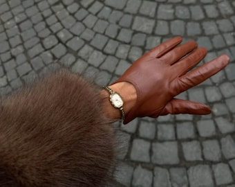 Cognac Lambskin Driving Gloves | Women's Short Wrist, Keyhole Cutout