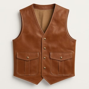 Men’s Western Leather Vest – Handmade Genuine Cowhide, Vintage Brown Cowboy Style Waistcoat with Pockets