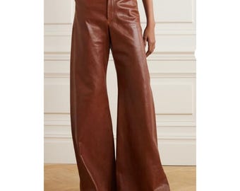 High-Waisted Brown Lambskin Leather Wide-Leg Trousers
