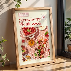 Strawberry Picnic Poster - Digital Download | Pink Brunch Table with Honey, Cream & Strawberries