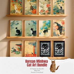 May include: A collection of framed art prints featuring cats in various poses and settings. The artwork includes floral and nature elements, with a color palette of blues, greens, and oranges. The text "Korean Minhwa Cat Art Bundle" is visible.