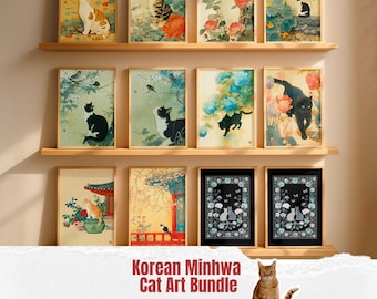 May include: A collection of framed art prints featuring cats in various poses and settings. The artwork includes floral and nature elements, with a color palette of blues, greens, and oranges. The text "Korean Minhwa Cat Art Bundle" is visible.