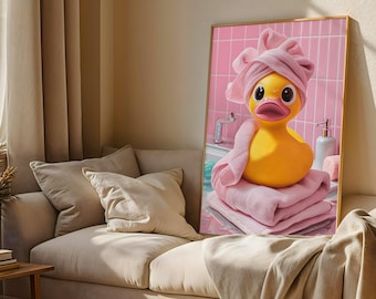 Lámina artística de baño con un pato divertido, decoración rosa, arte de pared con animales peculiares